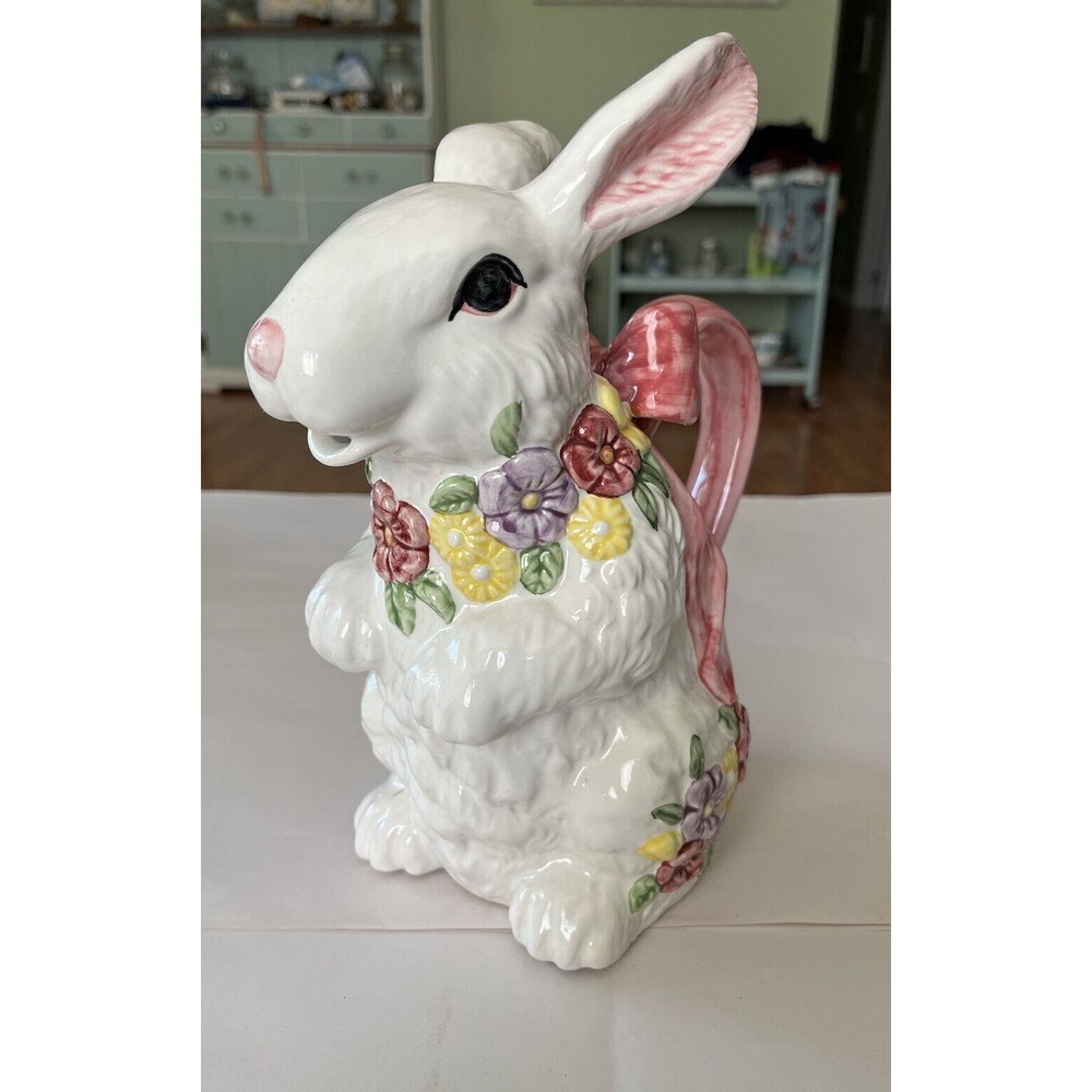 Vintage Hermitage Pottery Spongewear Sitting Rabbit Pitcher 10" Tall 1997